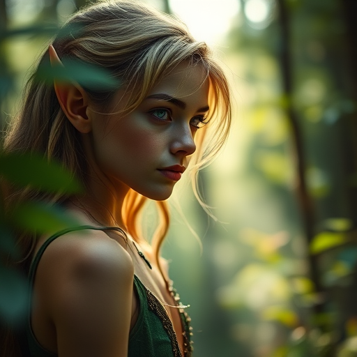 Portrait of an enchanting elf in a mystical forest, soft green hues, natural light filtering through trees, shallow depth of field, 85mm lens, f/1.8 aperture, warm color grading, cinematic style.