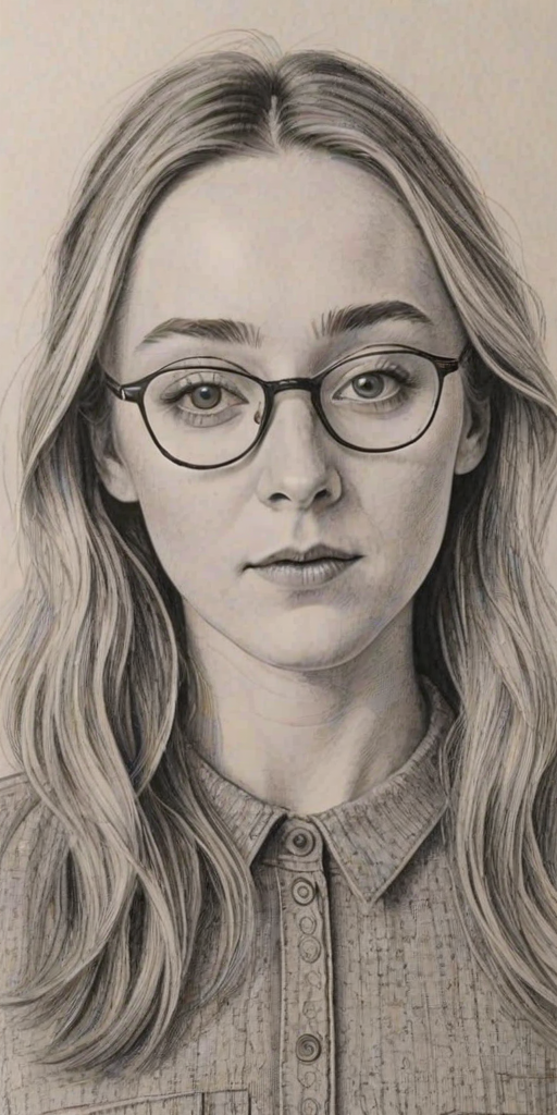 Captivating Saoirse Ronan, pencil sketch, portrait of Fetching woman 1964s in glasses, hair style beatnik, outline, clear lines, fine lines, 8k