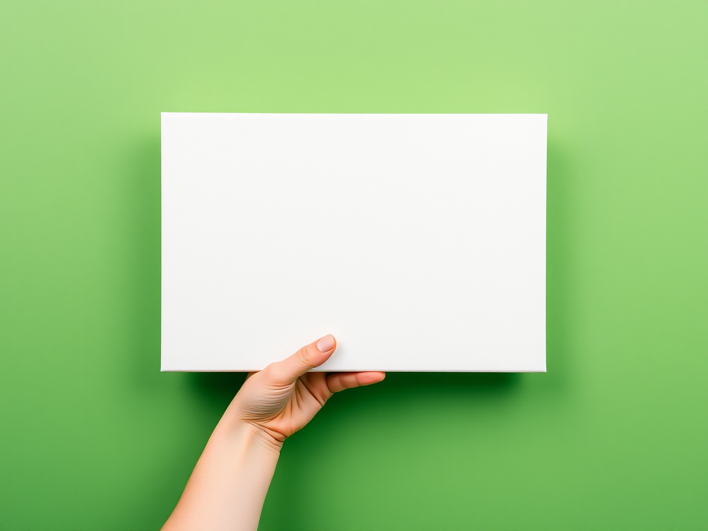 Create an image of a hand holding a blank canvas against a green background, using a DSLR camera with a 50mm lens, aperture f/2.8, ISO 100, natural lighting, top-down view for a clean and vibrant look.
