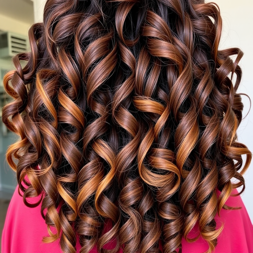 Luscious chocolate brown curls styled in the "Cocoa Cascade" fashion tumble down her back in voluminous ringlets, interspersed with caramel highlights and a subtle ombre effect