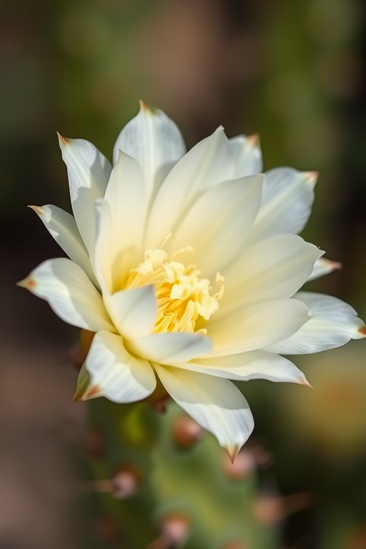 regenerate the image of a white cactus flower with intricate petal details, soft focus background, macro lens, f/2.8 aperture, ISO 100, 50mm lens, natural lighting, high-resolution photography