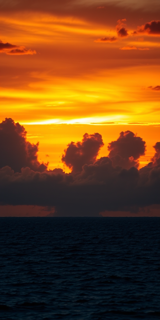 Create a high-resolution image of a vibrant sunset over the ocean with dramatic clouds, captured with a Canon EOS 5D Mark IV at f/8, ISO 100, 1/200s, wide-angle lens perspective, golden hour lighting, and enhanced saturation.