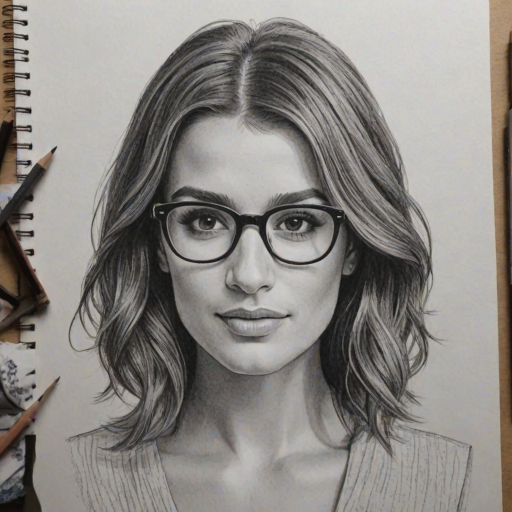 Splendid Lea Michele, pencil sketch, portrait of Splendid woman 1921s in glasses, hair style beatnik, outline, clear lines, fine lines, 8k
