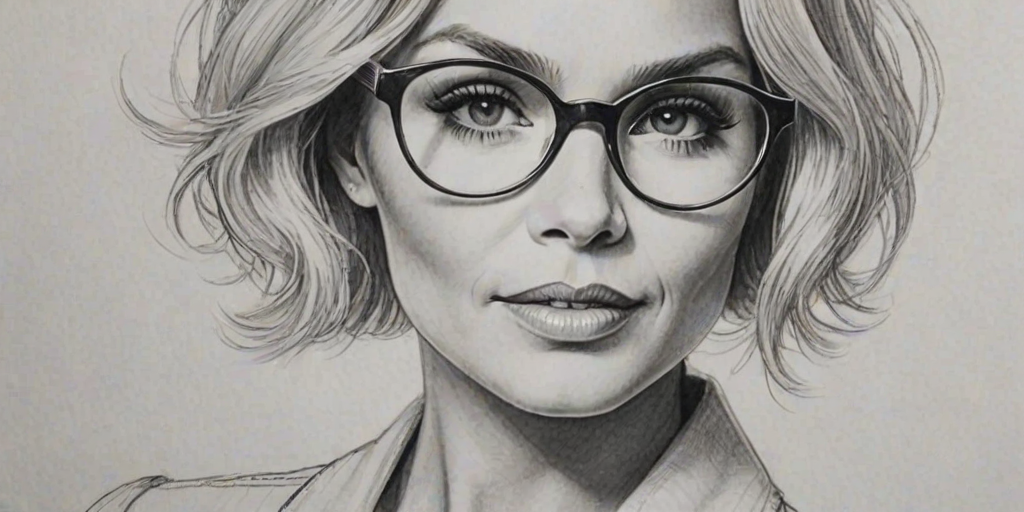 Fascinating Kristin Chenoweth, pencil sketch, portrait of Enticing woman 1923s in glasses, hair style beatnik, outline, clear lines, fine lines, 8k
