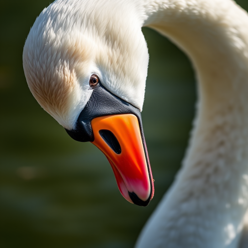 Capture a close-up of a swan elegantly bending its neck to eat, using a Canon EOS R5 at f/2.8, 1/500s shutter speed, ISO 100, in natural light with a shallow depth of field, focusing on the swan's vibrant beak and soft feathers, with a blurred background for emphasis.