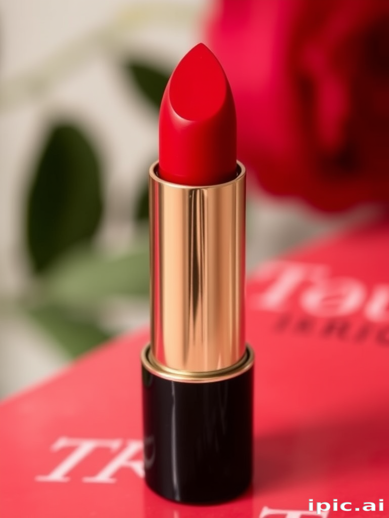 Classic "True Red" cream lipstick provides rich, opaque color with a satin finish, embodying timeless glamour and confidence for all occasions