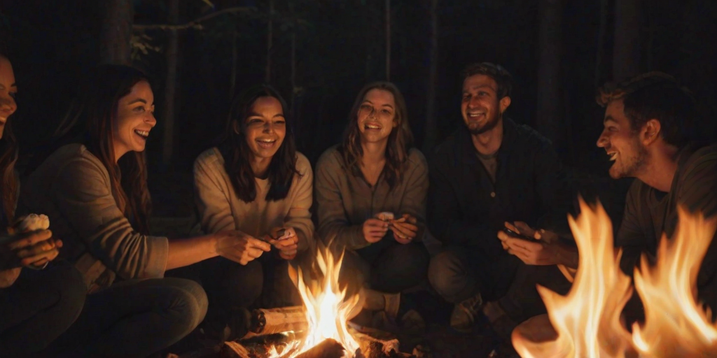 Blurry, candid photo of a group of friends gathered around a campfire at night, soft glow from the flames illuminating their faces, distant laughter filling the air, marshmallows roasting on sticks, shadows flickering on the trees surrounding them.