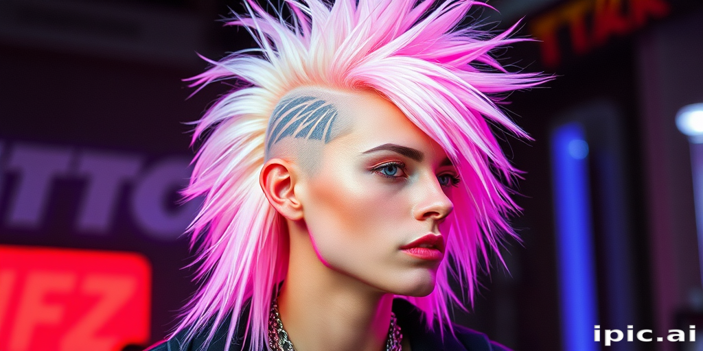 Edgy platinum blonde mullet with neon pink roots and shaved temple designs, styled for maximum volume known as "Retro Futurist" blending nostalgia with avant-garde flair