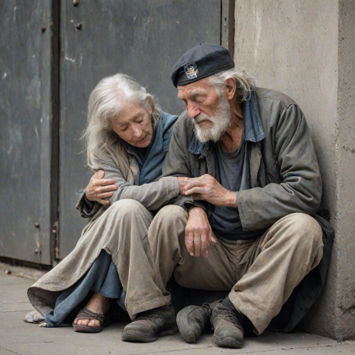 beautifully weathered old homeless veteran sitting on the ground slumping against the wall of a building with his eyes closed. there is an Ethereal, translucent figure of a beautiful elderly woman comforting him