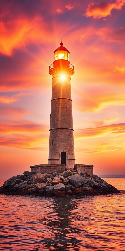 Generate an image of a tall lighthouse perched on a rocky outcrop surrounded by calm ocean waters during a breathtaking sunset. The lighthouse stands sturdy and weathered, its stone surface illuminated by the warm golden light of the setting sun. The sun's rays pass directly through the glass lantern room at the top of the lighthouse, casting a brilliant light across the scene. The sky is painted with vibrant shades of orange, pink, and purple, reflecting off the tranquil sea. The surrounding water shimmers with the same warm hues, creating a serene and majestic atmosphere.
