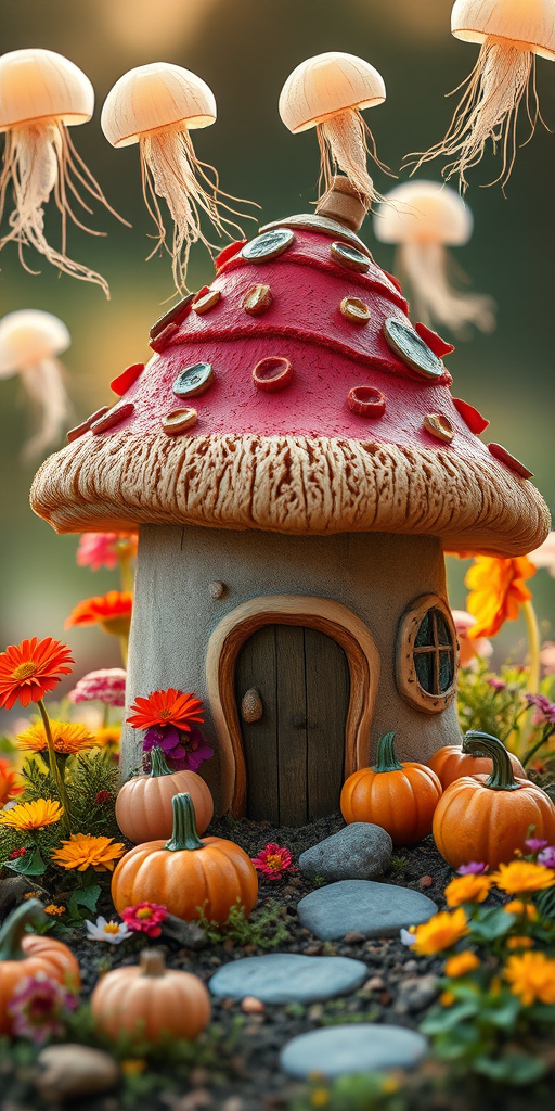 Create a whimsical fairy tale mushroom house surrounded by vibrant flowers, pumpkins, and whimsical jellyfish floating overhead, captured with a DSLR camera, 50mm lens, f/1.8 aperture, ISO 200, golden hour lighting, soft focus background.
