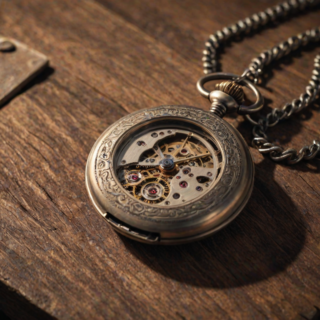 Sharp, detailed close-up of a vintage pocket watch lying open on a rustic wooden table, soft afternoon light illuminating the intricate gears and worn leather strap, with a faint ticking sound almost audible.