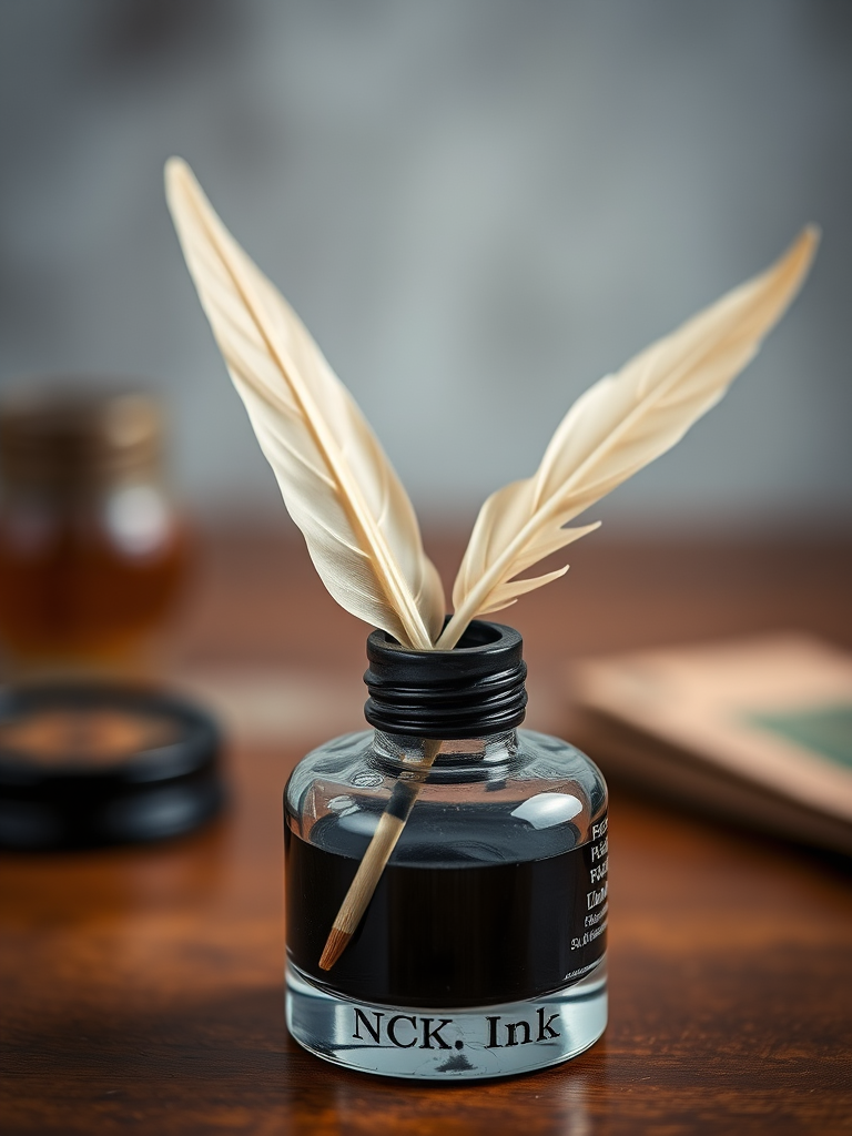 Create a highly detailed image of a vintage ink bottle with a quill resting in it, using a DSLR camera at f/2.8 aperture, ISO 100, 50mm lens, natural lighting, shallow depth of field, and a soft focus background for enhanced clarity and aesthetic appeal.
