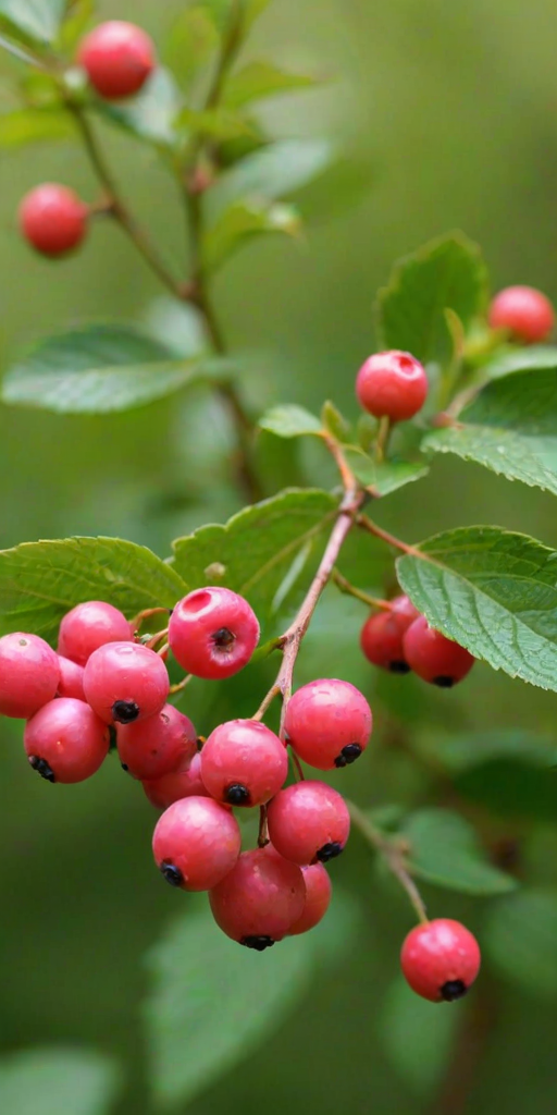 generate an image of bright pink berries with orange seeds, surrounded by green foliage and a soft blurred background
