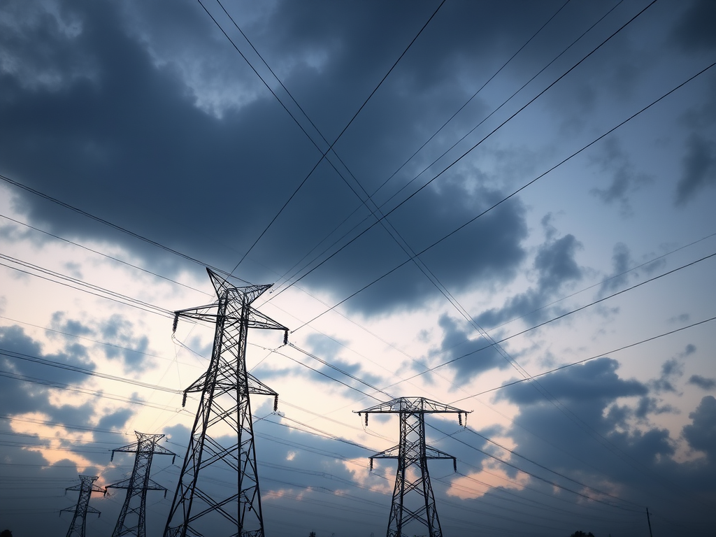 Capture a silhouette of power lines and electricity pylons against a cloudy sky using a DSLR camera, 50mm lens, aperture f/8, ISO 100, 1/250s shutter speed, shallow depth of field, and a low angle view for dramatic composition.