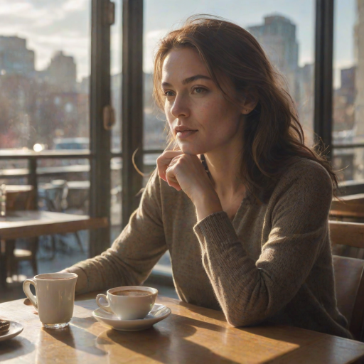 Soft-focus image of a woman sitting at a cafetable, her face illuminated by soft afternoon light, with a steaming cup of coffee in front of her and the city bustling just beyond the window.