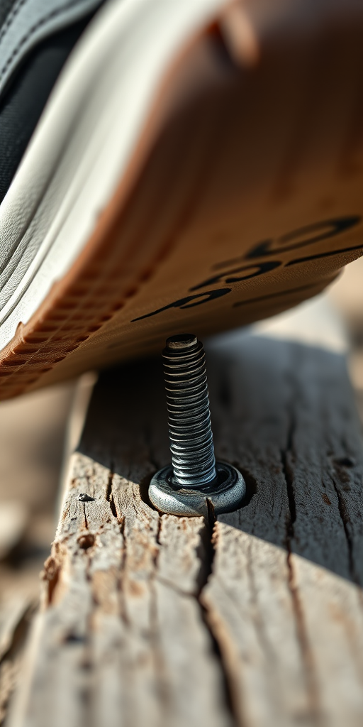 Close-up shot of a shoe sole hovering over a protruding screw on a wooden plank, natural lighting, aperture f/2.8, ISO 100, shutter speed 1/200s, DSLR camera, shallow depth of field, emphasize texture and details of the shoe and wood grain.