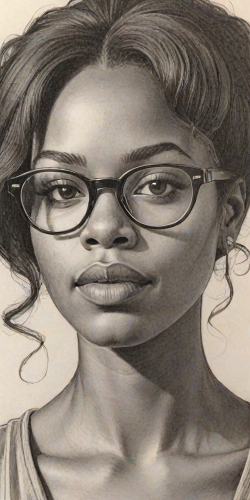 Dazzling Mekia Cox, pencil sketch, portrait of Sublime woman 1968s in glasses, hair style beatnik, outline, clear lines, fine lines, 8k