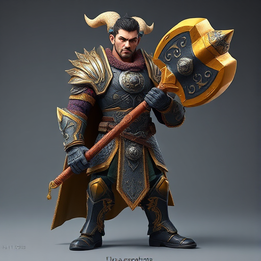 regenerate an animated character wearing ornate stone armor, holding a large black and gold hammer, standing in a heroic pose, camera settings: f/8, ISO 100, shutter speed 1/125s, camera view: full body, camera style: vibrant colors, camera type: digital SLR
