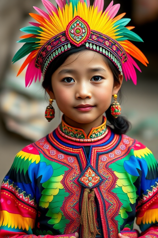 A beautiful Miao girl, wearing colorful bird clothing with vibrant colors