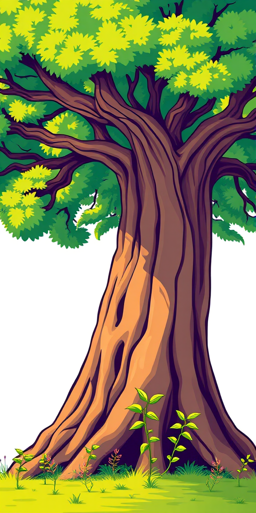 Generate a vibrant illustration of a stylized tree with a thick trunk, lush green foliage, and small plants at its base, using a DSLR camera with a 50mm lens, f/2.8 aperture, ISO 100, shot from a low angle to enhance depth and detail, in bright daylight for rich colors and clear definition.