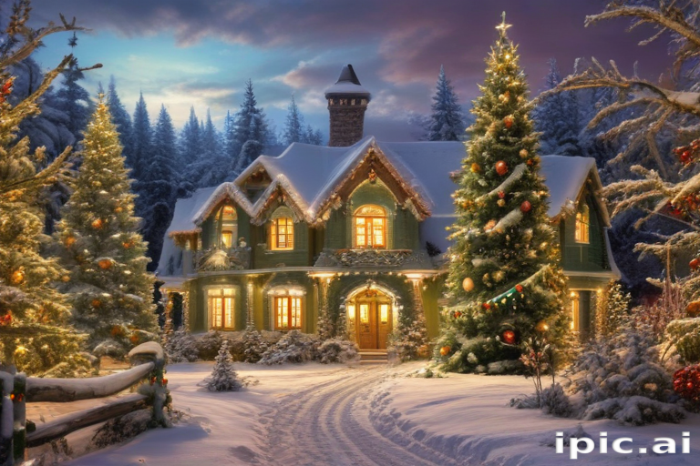 Charming Snow-Covered Cottage Surrounded by Festive Holiday Decorations ...