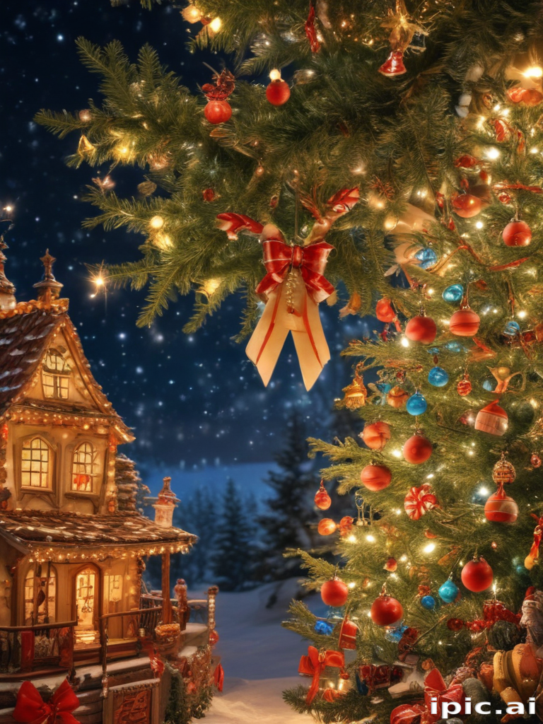 Enchanting Winter Scene with a Festively Decorated Christmas Tree and ...