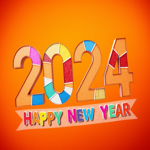 Create an image of a vibrant New Year celebration scene featuring the numbers 2024 in a colorful, cracked design on a warm orange background, adding a festive banner that reads "Happy New Year" with diverse pastel-colored letters, shot with a DSLR camera at f/2.8, ISO 100, 50mm lens, in portrait mode for a soft background blur effect.