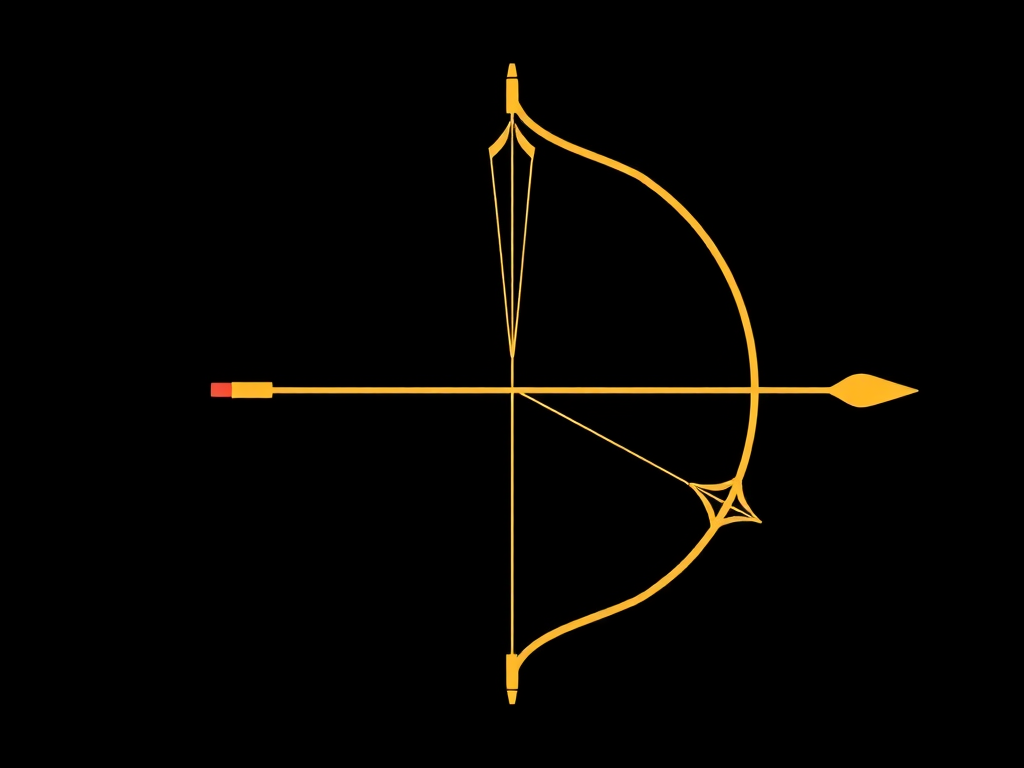Create a high-resolution vector illustration of a bow and arrow with a minimalist design on a solid black background, using a DSLR camera with a 50mm lens, aperture set to f/2.8, ISO 100, and a shallow depth of field for a sharp focus on the bow and arrow, capturing vibrant colors and clean lines.