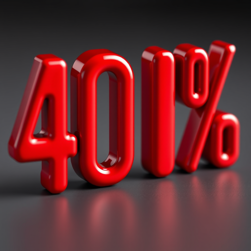 Create a 3D text representation of "40%" with a glossy red finish, using a DSLR camera with a 50mm lens, aperture f/2.8, ISO 100, and a shallow depth of field to focus on the text while blurring the background.