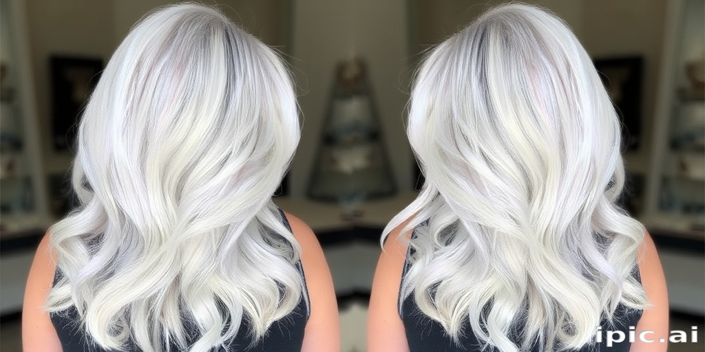Ethereal white and silver ombré known as "Winter's Whisper" transitions seamlessly from pure white roots to icy silver tips, styled in long, flowing waves with a pearlescent sheen