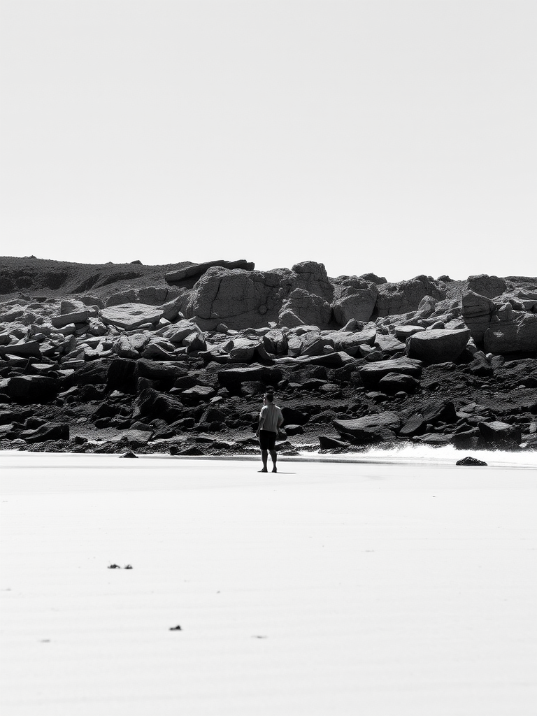 Capture a black and white image of a solitary figure standing on a beach, with a rocky shoreline in the background, using a Canon EOS R5 at f/8, ISO 100, 1/200s, wide-angle lens, low angle view, soft natural light for enhanced clarity.