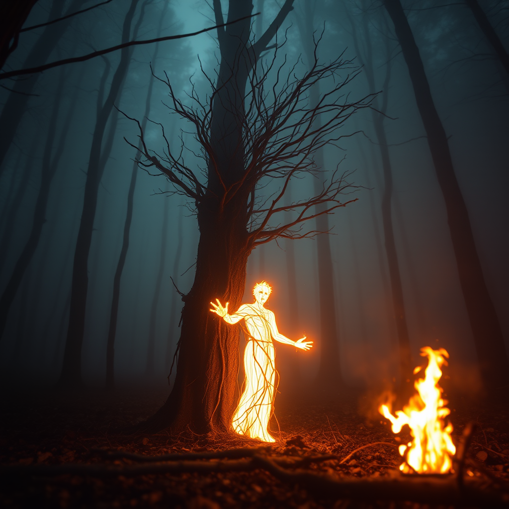Create a dark fantasy scene in a misty forest with a glowing figure made of branches and fire, using a full-frame DSLR camera, f/2.8 aperture, 24mm lens, ISO 400, long exposure, low angle view, and soft focus to enhance depth and atmosphere.