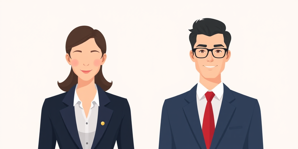 Create a modern digital illustration of two professional avatars, one female in a blazer without facial features and the other male in a suit with a red tie, use a soft gradient background, set camera settings to ISO 100, aperture f/4, shutter speed 1/200s, view at eye level, style as flat design, and employ a digital rendering technique for enhanced clarity.