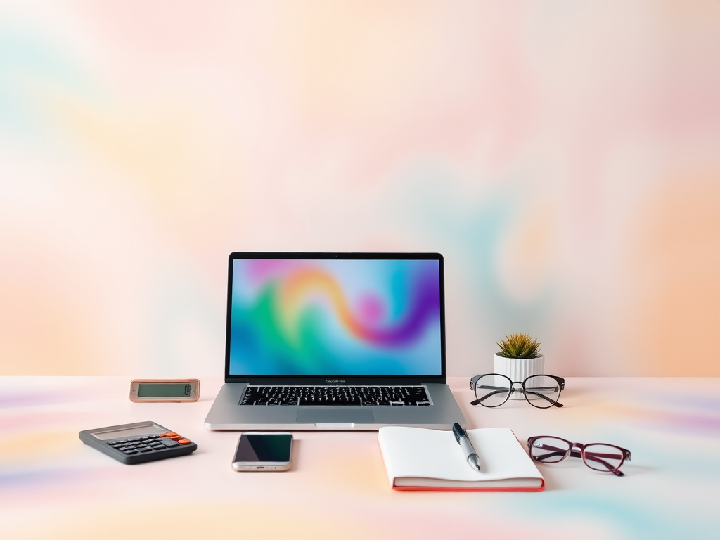 Create a vibrant abstract background with soft pastel colors blending into one another, showing a minimalistic workspace setup featuring a laptop, smartphone, tablet, calculator, notebook, and glasses, shot with a shallow depth of field at f/2.8, ISO 100, 50mm lens, natural lighting to enhance details and colors.