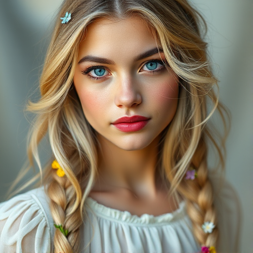 Create an image of a young Hispanic woman with long, wavy blonde hair, adorned with small, colorful flowers woven into her braids and loose strands. Her complexion is fair, with soft, glowing skin, and she has light blue eyes that gaze softly at the viewer. She wears a light, flowing dress with a gentle, ethereal quality, complementing her delicate and serene appearance. The background is slightly blurred, drawing focus to her tranquil expression and the intricate details of the flowers in her hair. The overall mood of the image is one of natural beauty and grace, evoking a sense of peacefulness and connection with nature.