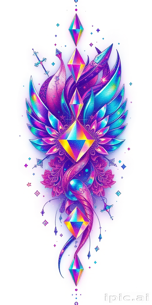 Holographic "Iridescent Illusion" tattoo illustration featuring shimmering prismatic effects and color-shifting elements that appear to change and move with the light creating a mesmerizing and futuristic appearance