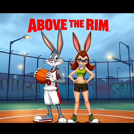 Design an Above the Rim poster featuring Bugs Bunny as Kyle and Lola Bunny as Shep. Bugs is dressed in a basketball jersey and shorts, holding a basketball with a confident expression, while Lola stands beside him in athletic gear, looking determined. The background features an urban basketball court with a wire fence, streetlights, and graffiti. The title "Above the Rim" appears in bold red letters at the top, keeping the original street basketball vibe