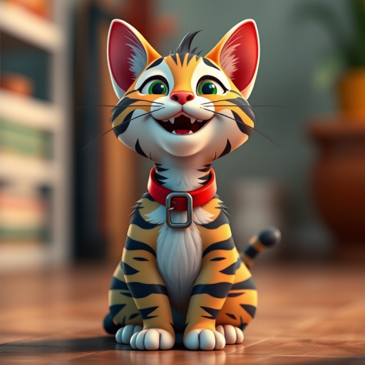 Create a playful cartoon image of a smiling striped cat sitting upright with a red collar, captured in high resolution using a DSLR camera at f/2.8 aperture, 1/250 shutter speed, in a close-up view with vibrant colors and a soft-focus background.