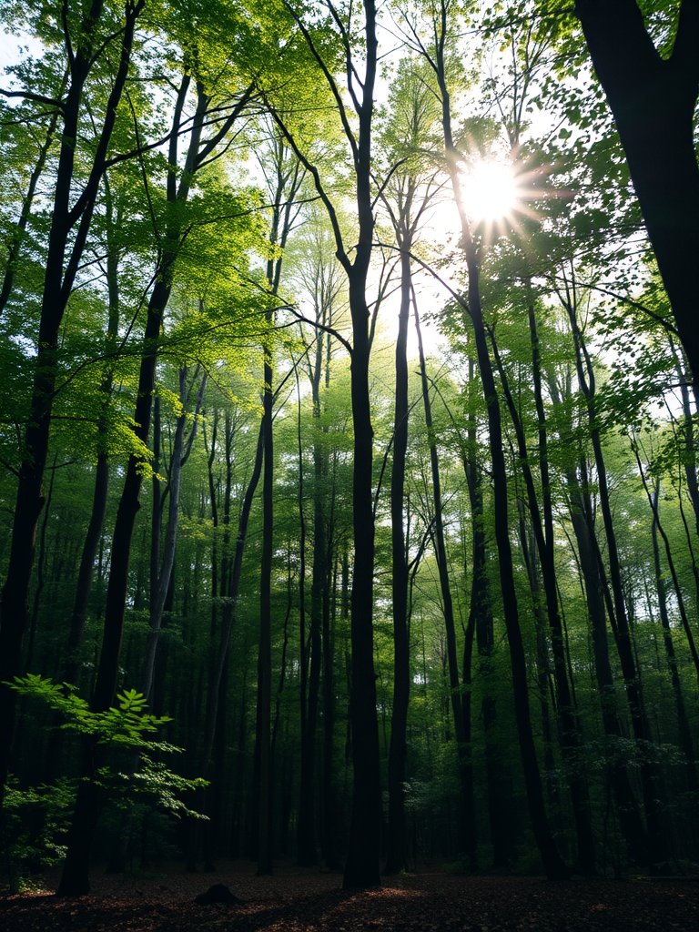 Generate a high-resolution image of a tranquil forest scene with soft sunlight filtering through the trees, using a DSLR camera with a 50mm lens, aperture set to f/2.8, ISO 100, shot at a low angle to capture the depth of the forest.