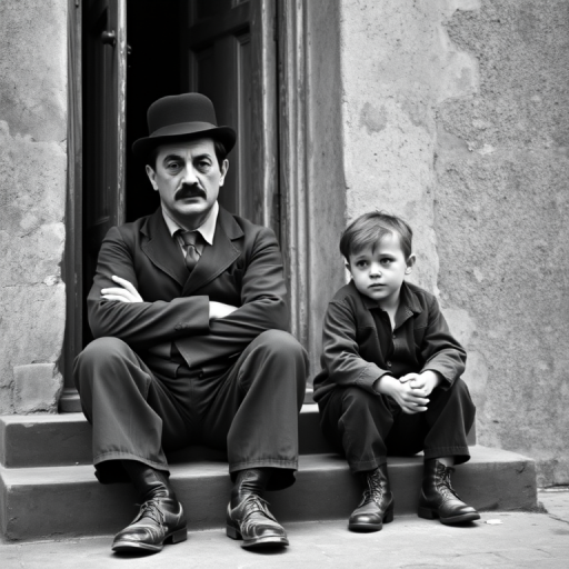 A black-and-white photograph of a man and a child sitting on steps in front of a doorway. The man is dressed as a tramp with a bowler hat, mustache, and ragged clothes, reminiscent of Charlie Chaplin's iconic look. He is sitting with his arms crossed and an expression of slight sadness or frustration. Next to him is a young boy, also in worn clothes and a cap, sitting with his hands clasped, looking thoughtful. The background is an old, textured wall and a partially open door, creating a vintage, early 20th-century atmosphere.