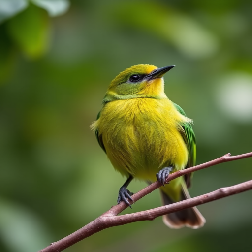 capture a close-up of a vibrant green bird perched on a branch with soft bokeh background, use a DSLR camera with a 50mm lens, aperture f/1.8, shutter speed 1/250s, ISO 200, natural light, focus on the bird with blurred greenery around