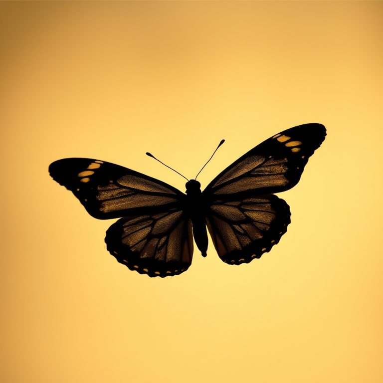 Create a detailed close-up of a butterfly silhouette against a soft gradient background using a Canon EOS R5 camera with a 100mm macro lens, aperture set to f/2.8, ISO 100, shot in natural light with a shallow depth of field for enhanced focus on the butterfly shape.