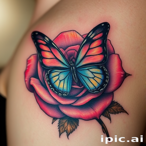 Realistic 3D tattoo titled "Hyperrealism Illusion" depicting a lifelike butterfly perched on a photorealistic rose, with incredible depth and shadow details that make it appear to come alive on the skin