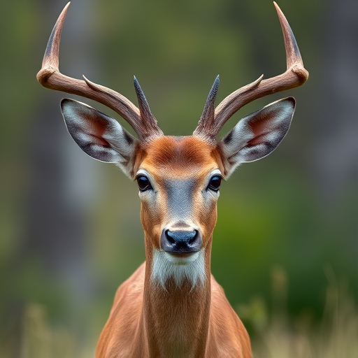 Create a high-quality image of a deer with pronounced horns in a natural setting, using a DSLR camera with a 50mm lens, aperture set to f/2.8 for shallow depth of field, ISO 200 for reduced noise, and a soft focus background to enhance detail and clarity.