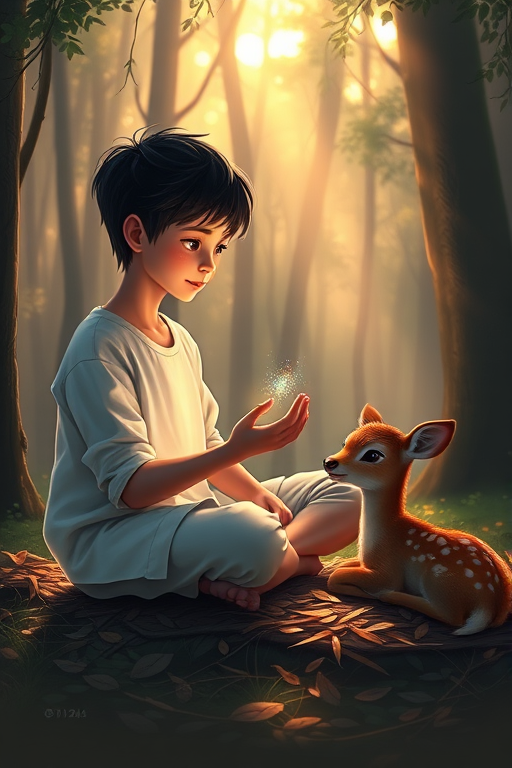 A luminous digital painting of a serene forest scene featuring a barefoot young male, about 7 years old, with black hair and fair skin, dressed in a simple white outfit. He sits cross-legged on the forest floor, gazing at a small, glowing, magical firefly in his hand. Beside him, a delicate spotted deer lies calmly on a bed of dried leaves, observing the scene. The dense forest is bathed in warm, golden light filtering through the trees, creating a peaceful, magical atmosphere with a blend of natural and mystical elements.