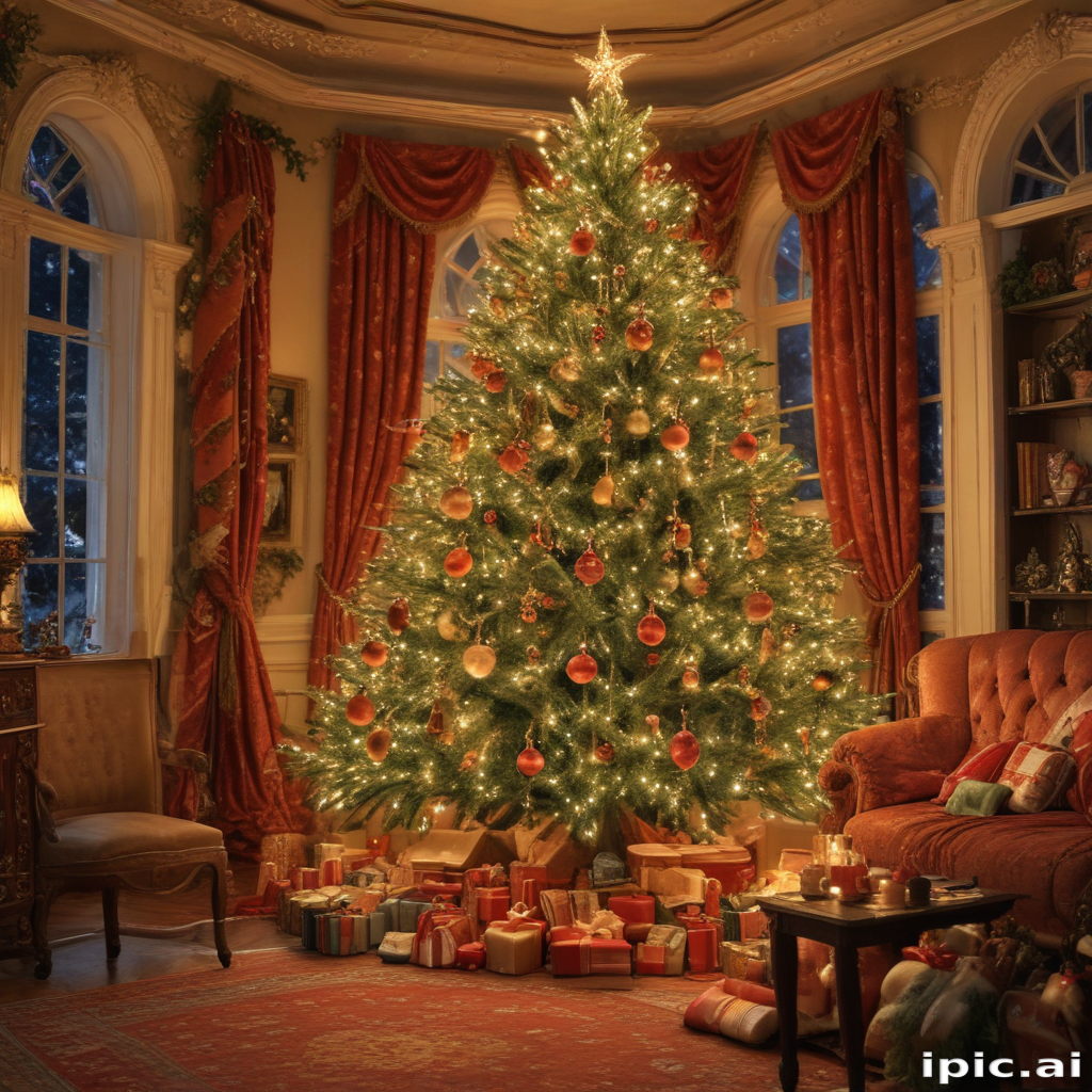 Cozy Living Room with a Beautifully Decorated Christmas Tree and Presents