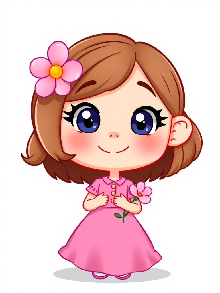 A cartoon character of a girl with a pink dress and flower, smiling face, drawn in a playful style, high resolution, studio lighting, 50mm lens, f/2.8 aperture, 1/125 sec shutter speed, ISO 100, bright colors.