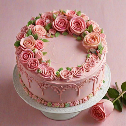 Create a beautifully decorated cake featuring a floral design made of pink and pastel-colored frosting. The cake should have a smooth white surface and be adorned with an array of intricate buttercream flowers, including roses and other floral shapes, arranged in a circular pattern around the top. The overall look should be elegant and visually appealing, suitable for a celebration.