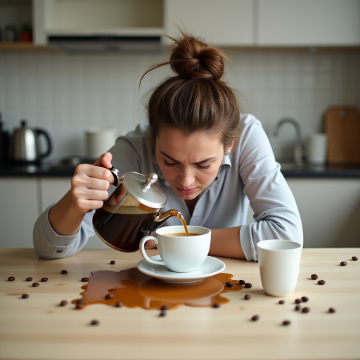 A portrait capturing a humorous and relatable scene of morning exhaustion. A woman with a messy bun, is slumped over a kitchen table, head resting on the surface in apparent fatigue. Despite their exhaustion, they are attempting to pour coffee from a pot, but instead of pouring the coffee into the mug she is pouring it onto the kitchen table. The kitchen setting is minimal, with simple countertops and a tiled backsplash in the background. Scattered coffee beans and an empty cup add to the sense of early morning chaos. The overall mood is lighthearted, portraying the struggle of waking up and the desperate need for coffee in a comedic yet relatable way.